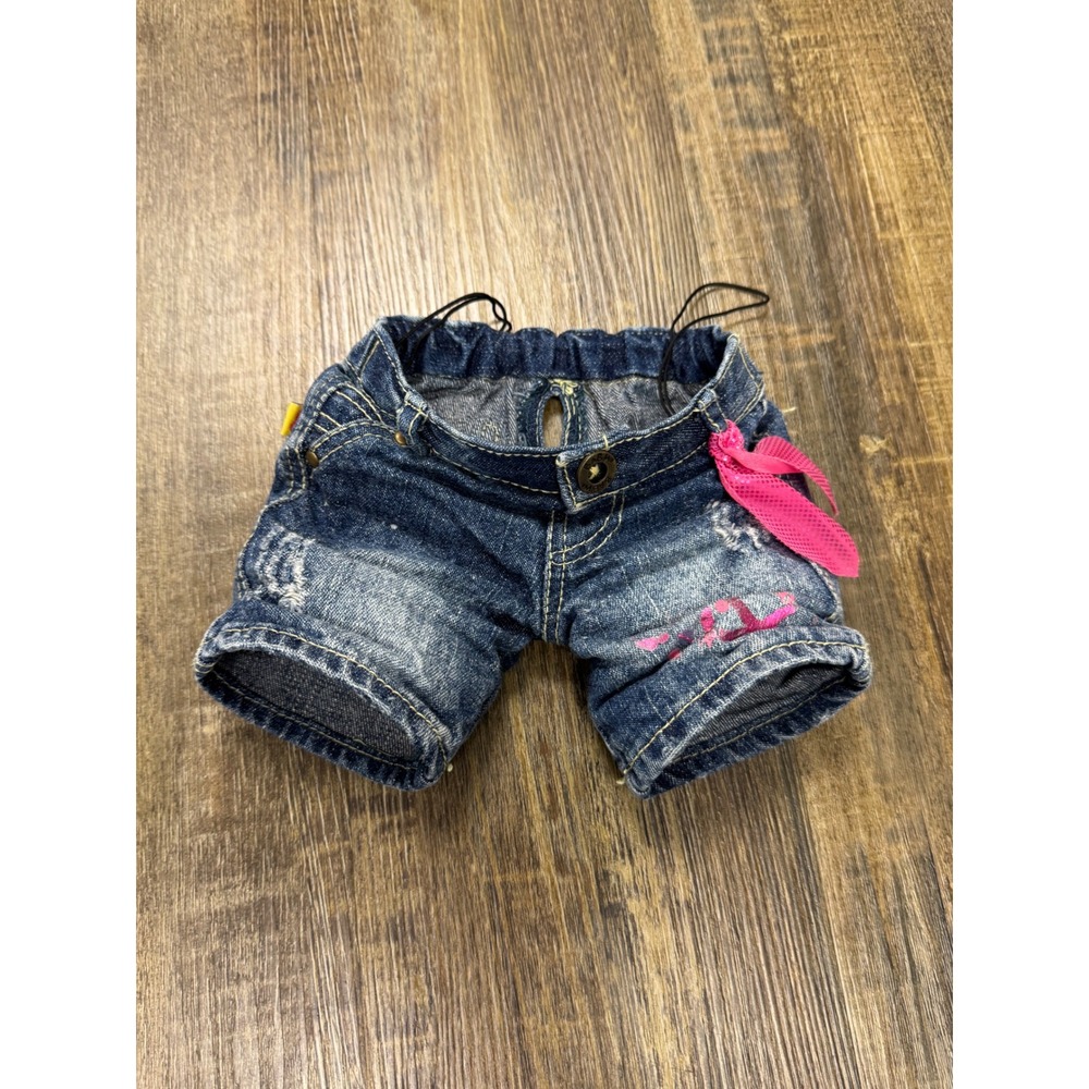 Build-A-Bear Denim Shorts Plush Accessory OS Blue Good Distressed Pink Ribbon